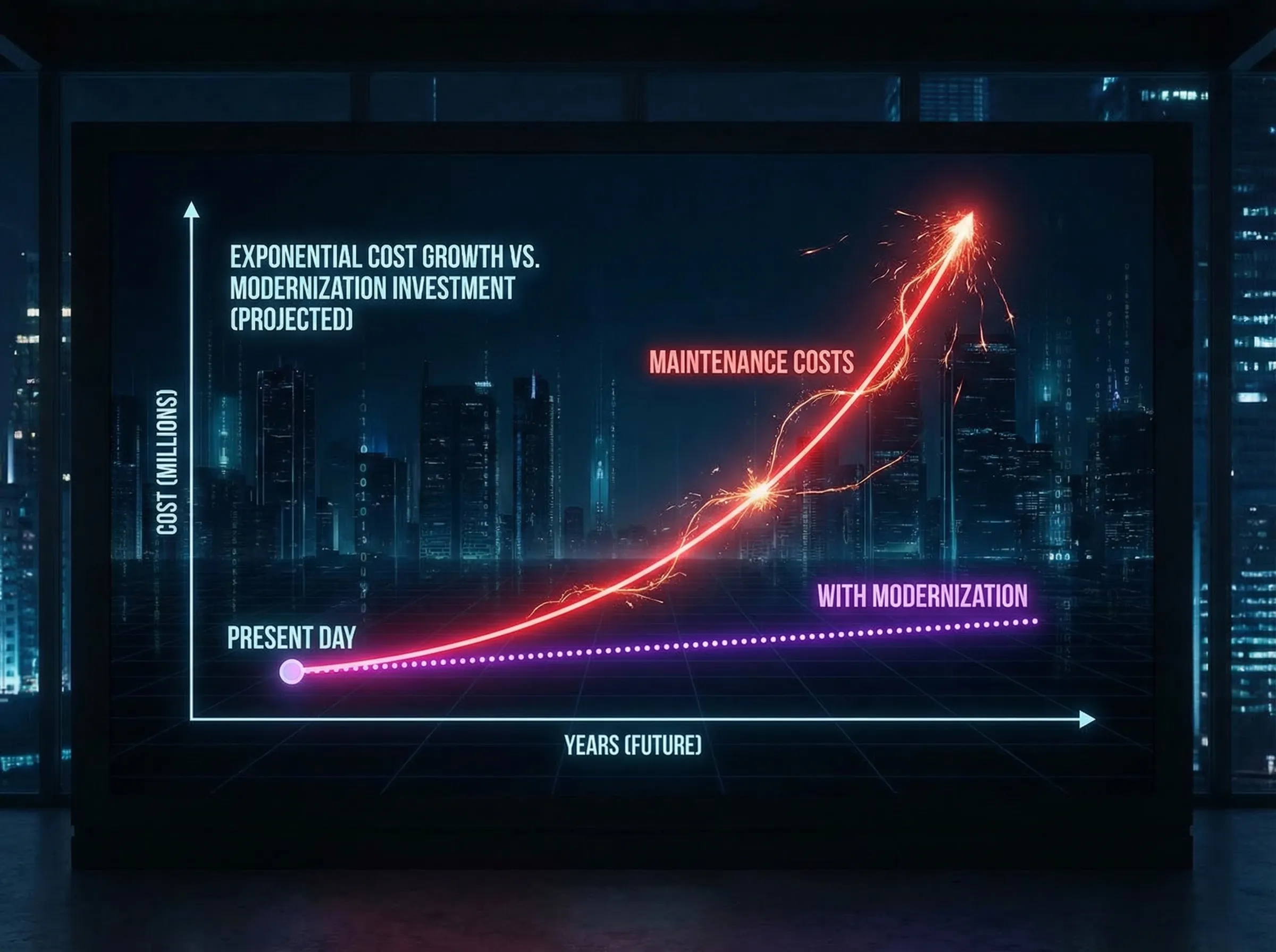 Chart showing exponential growth of legacy system maintenance costs over time compared to projected costs after modernization