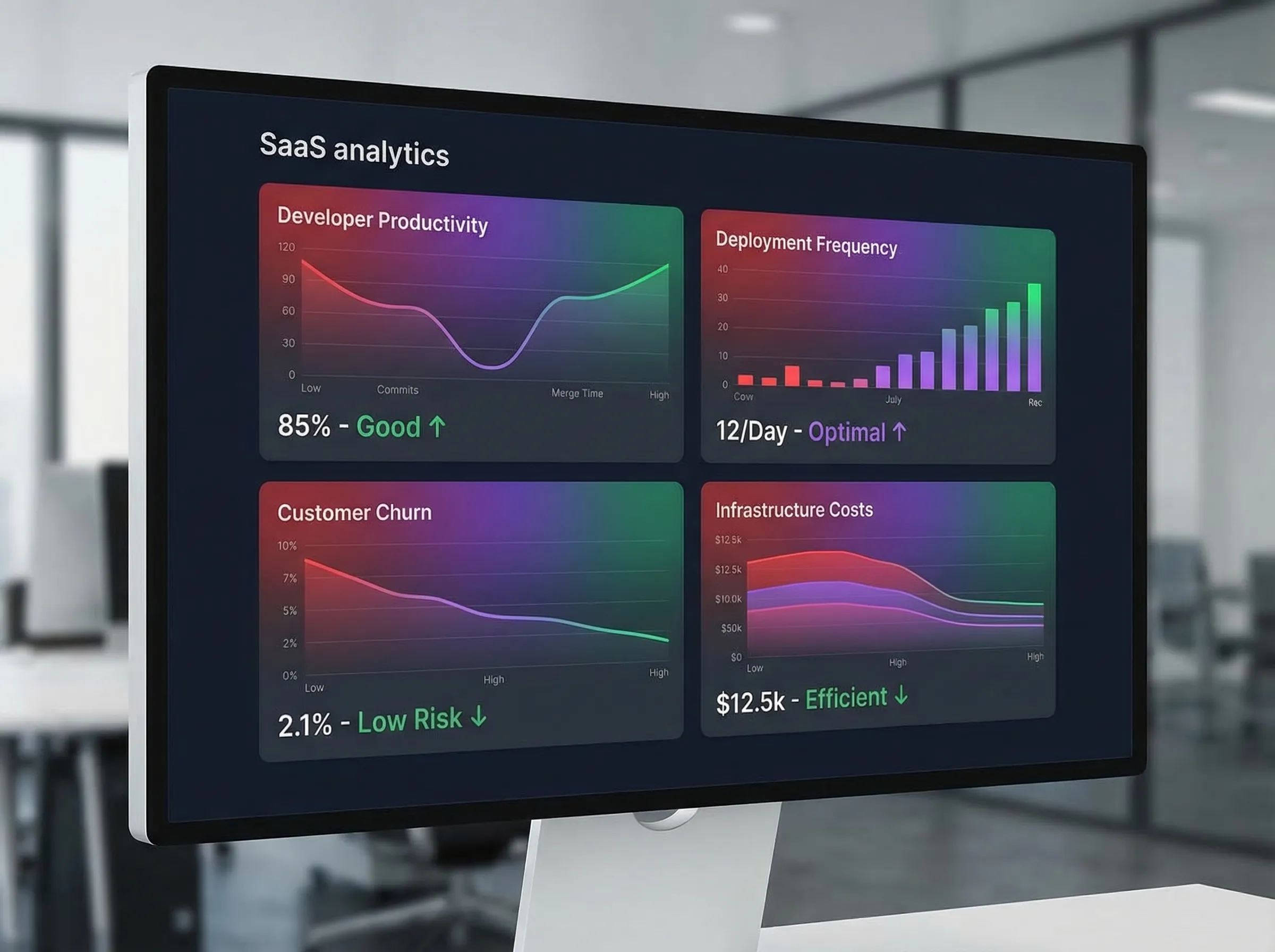 Analytics dashboard showing key performance indicators before and after a legacy platform rebuild including developer productivity and deployment frequency
